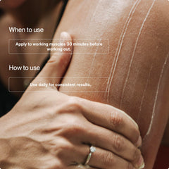 Hands applying PR Lotion on leg muscles for topical performance support.