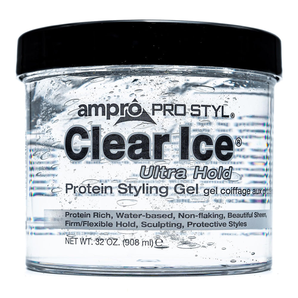 AmPro Pro Styl Clear Ice gel bottle pour shows non-flaking hold for versatile styling.