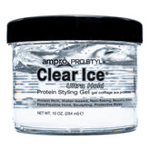 AmPro Pro Styl Clear Ice Gel jar shows alcohol-free formula for versatile styling.