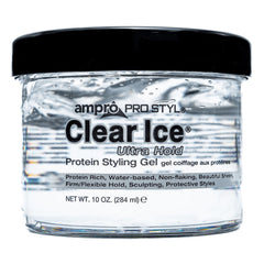 AmPro Pro Styl Clear Ice Gel jar shows alcohol-free formula for versatile styling.