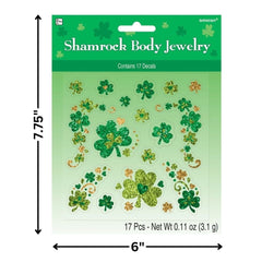 Close-up of glittery shamrock designs on Amscan jewelry for festive wear.