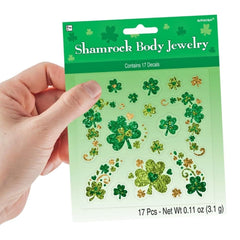 Amscan Shamrock Glitter Body Jewelry worn in a parade for festive flair.