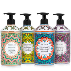 AnatoliaDaphne Mosaic Almond and Argan hand soap bottle pour highlighting premium oils.