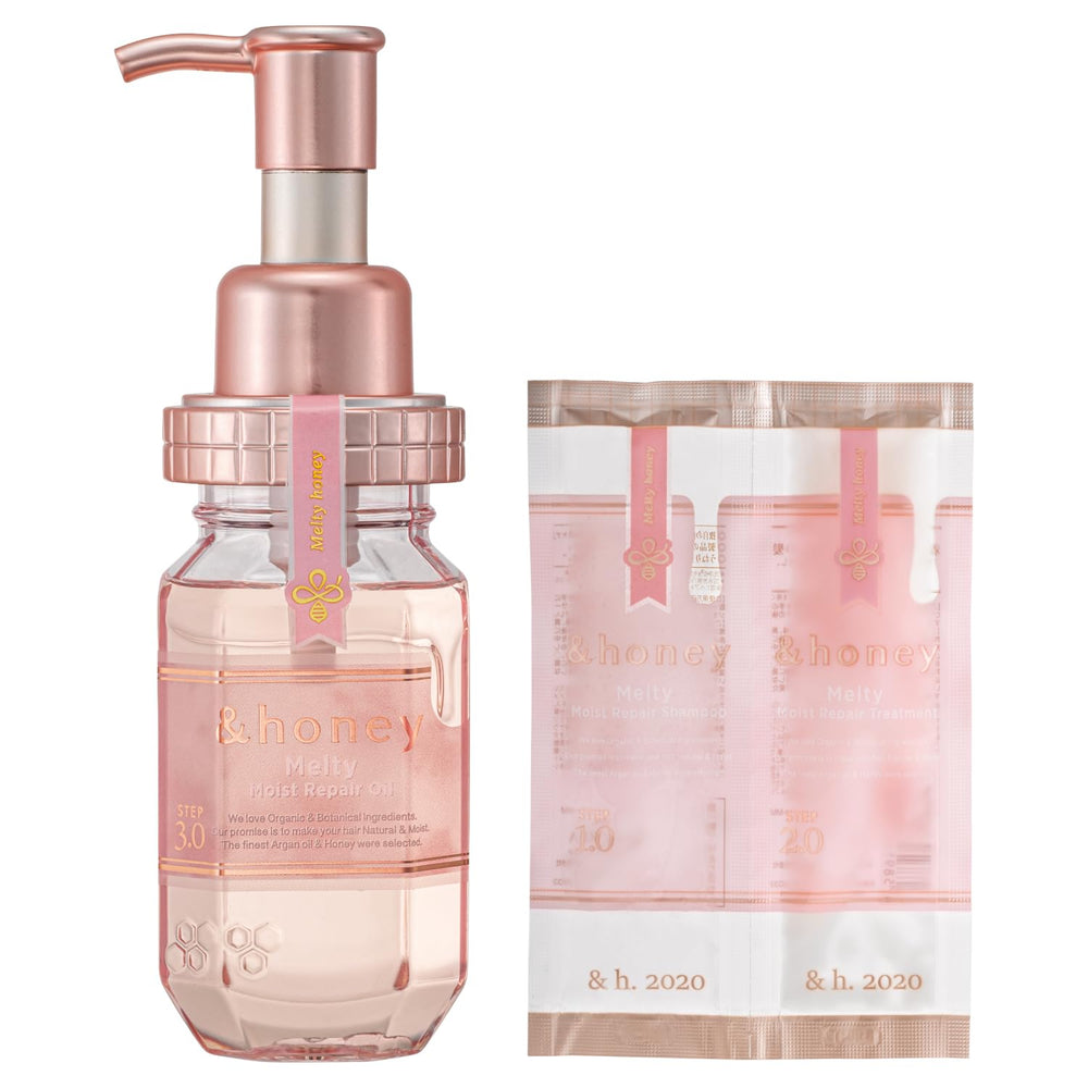 And Honey Melty Moist Repair bottle front highlights premium packaging for hydrated, frizz-controlled hair.