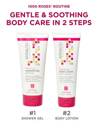 Andalou Naturals 1000 Roses lotion texture closeup highlights creamy, fast-absorbing hydration