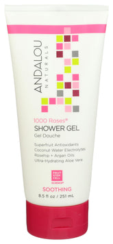 Andalou Naturals 1000 Roses shower gel bottle front showing hydration from rosehip and argan oils