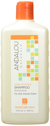 Andalou Naturals Champú Argán y Karité, botella naranja, promete limpieza suave y frescura.
