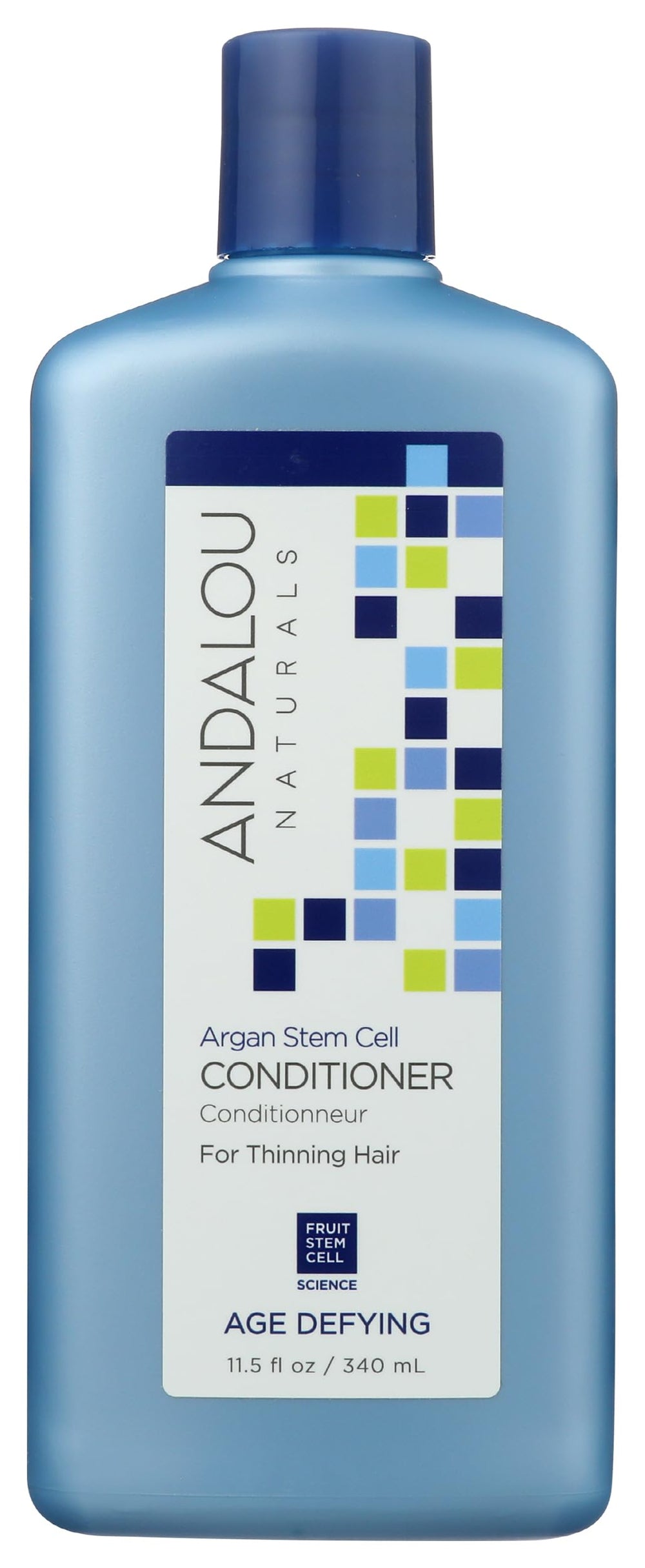Acondicionador Andalou Naturals Argan Stem Cell, botella frontal, cabello con cuerpo y brillo.