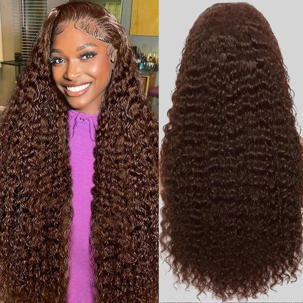 Anderah 30-inch chocolate brown deep wave lace front wig on model with natural hairline