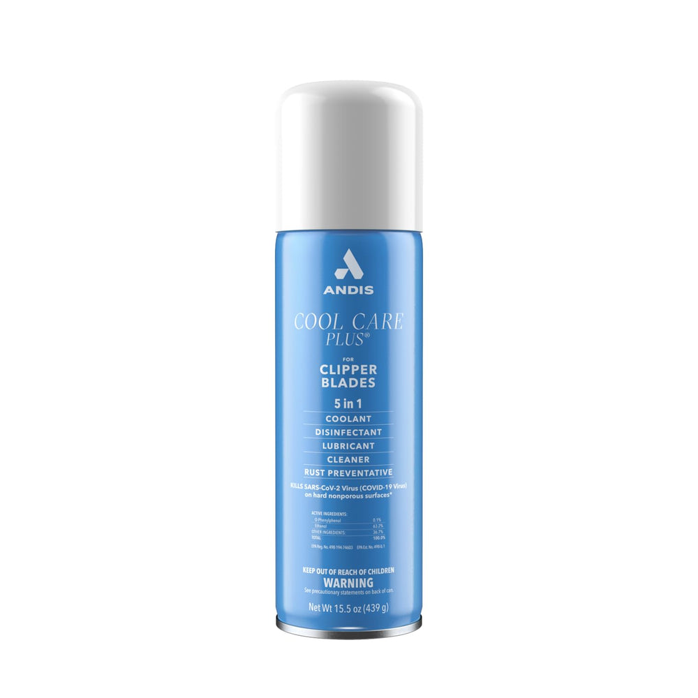 Andis Cool Care Plus spray applied to clipper blade for maintenance