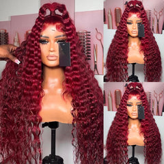 ANDRIA wine red deep wave wig, 26 inches with pre-plucked baby hairs for quick styling.