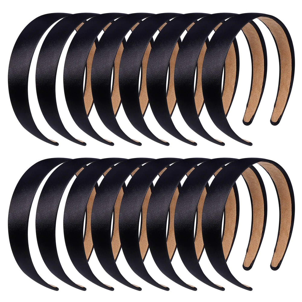 Anezus 16pcs satin headbands with a smooth black finish for comfortable daily wear.
