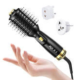 ANGILALA dual voltage mini hair dryer brush with EU adapter for travel styling.