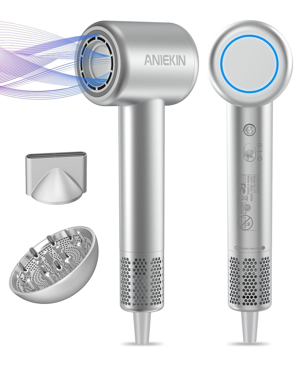 ANIEKIN hair dryer front view shows sleek design for fast home drying