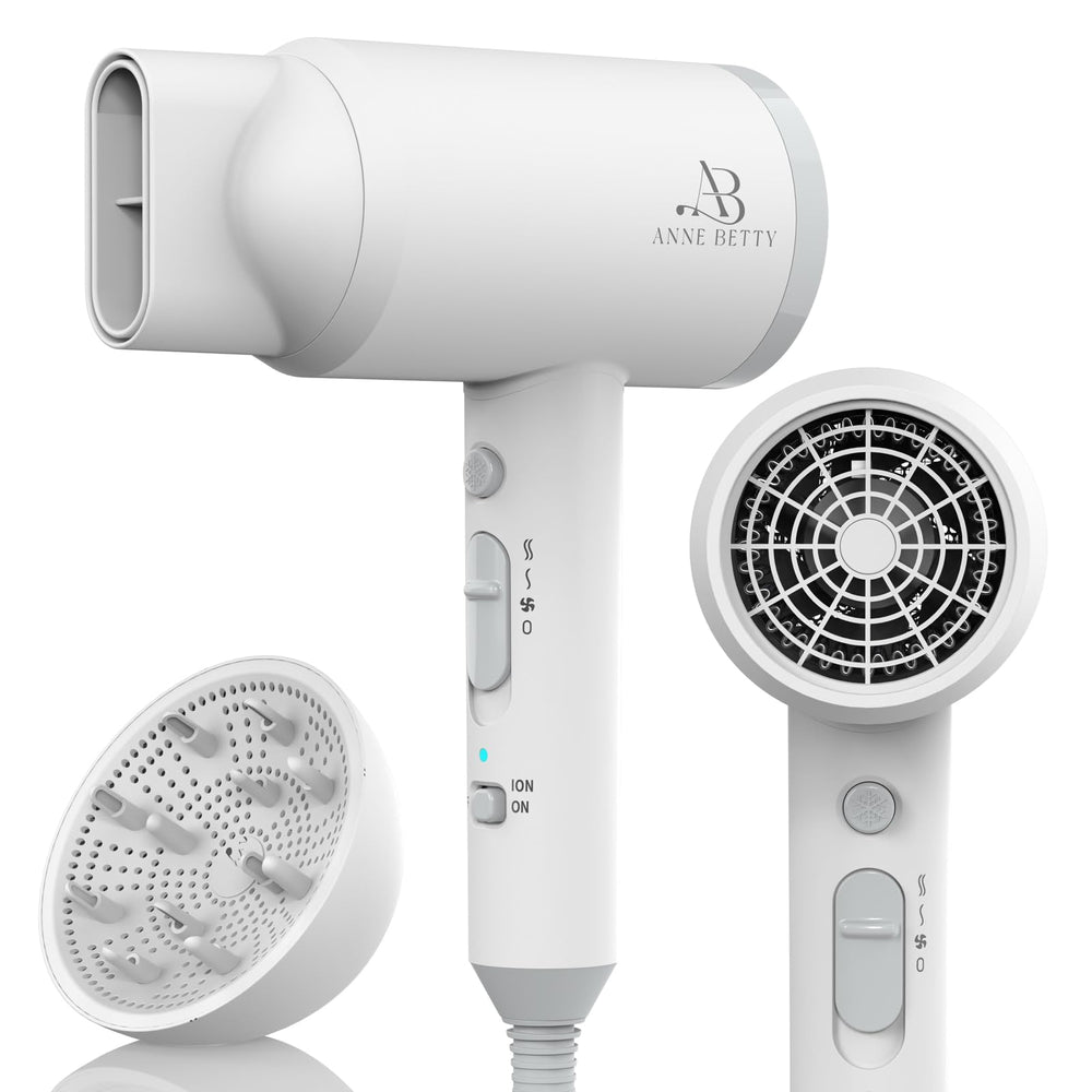 ANNE BETTY hair dryer front view showcases compact design for travel and storage.