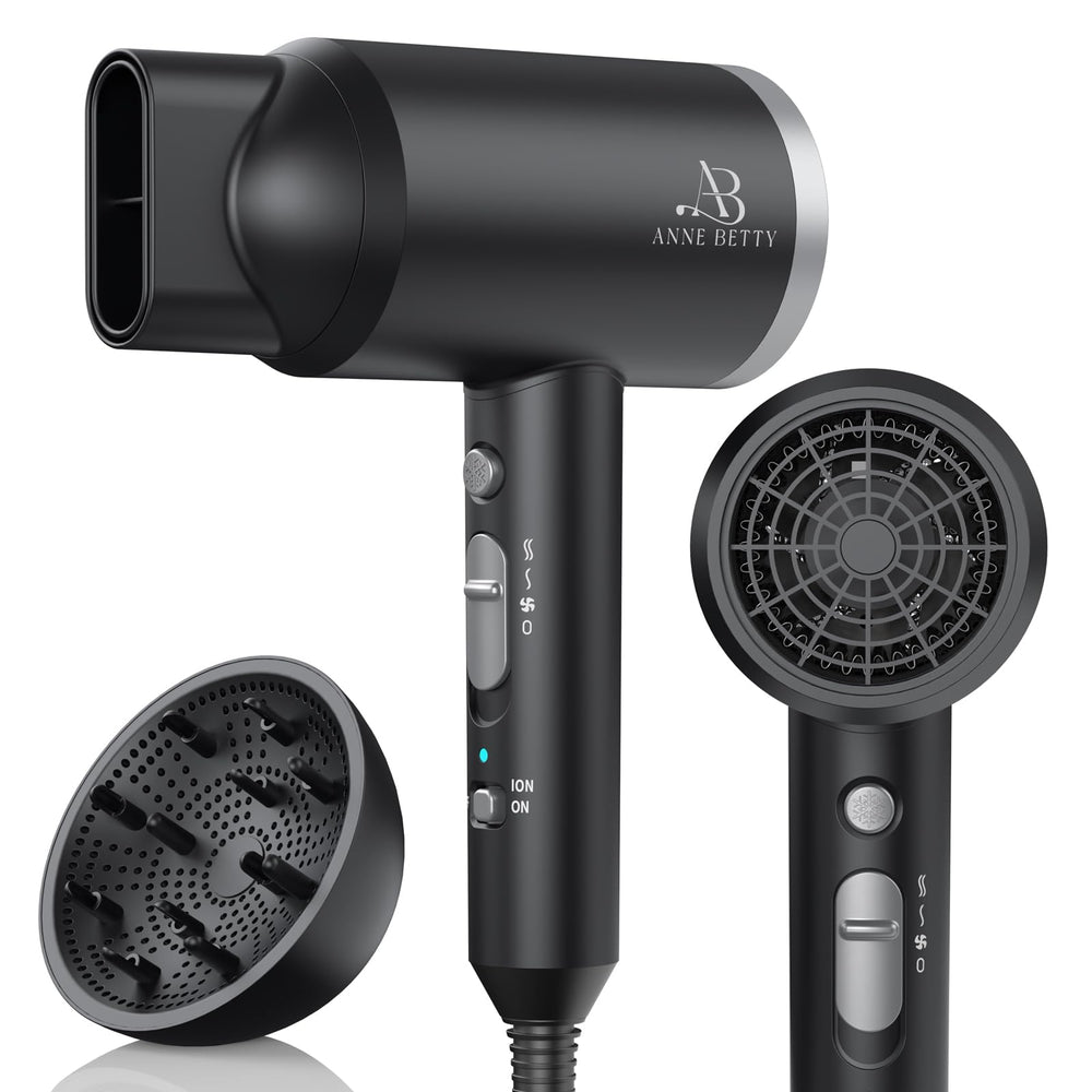 ANNE BETTY Ionic Hair Dryer with Diffuser shown, defining waves and minimizing frizz.