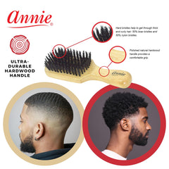 Annie boar-bristle brush close-up demonstrates detangling action for various hair textures.