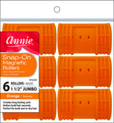 Annie Snap-On magnetic rollers in orange packaging, enabling easy styling without pins.