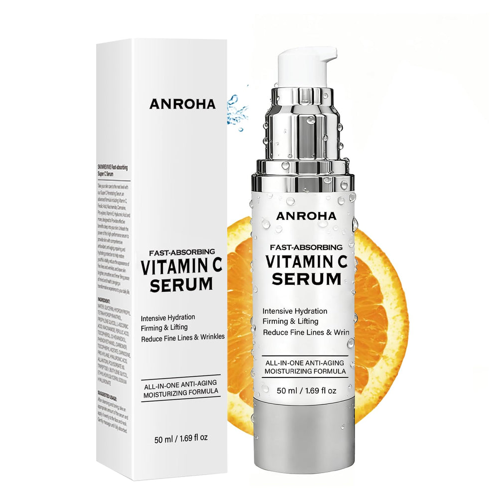 Anroha Vitamina C Serum en botella para piel madura, hidrata piel madura y devuelve luminosidad.