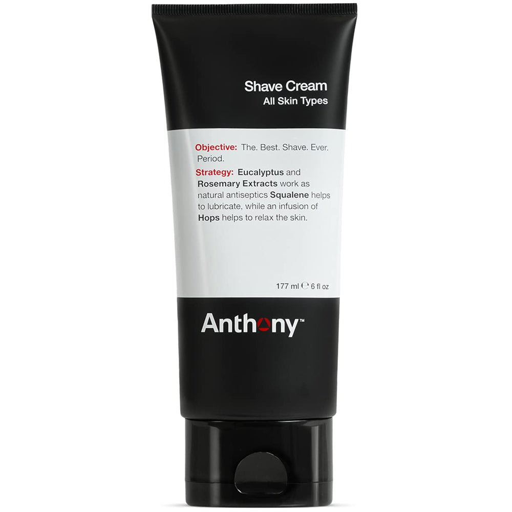 Anthony shaving cream bottle for sensitive skin delivering rich lather for a close shave.