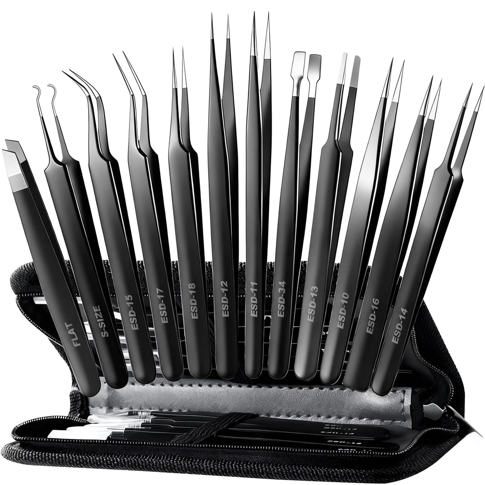 Antonki 12-pack precision tweezers set with case for electronics repair and crafting tasks.