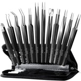 Antonki 12-pack precision tweezers set with case for electronics repair and crafting tasks.