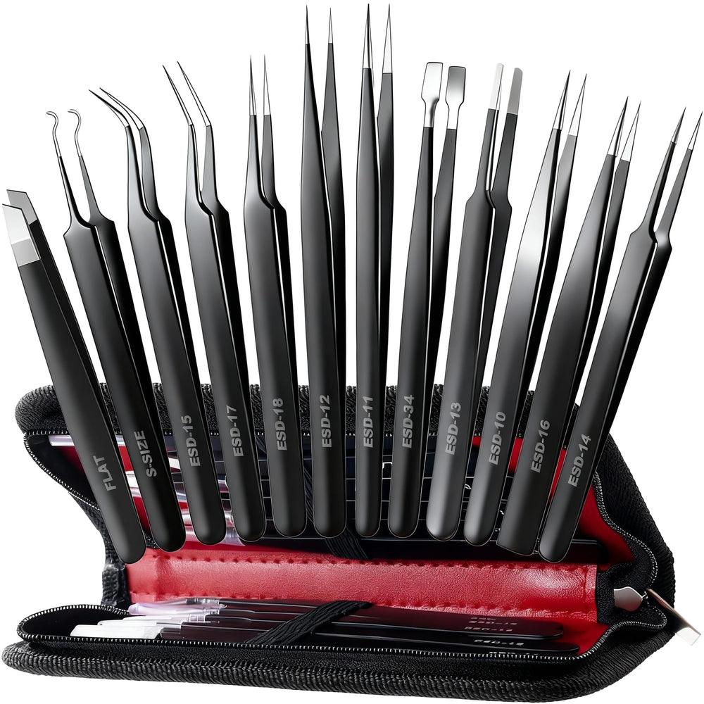 Antonki 12-pack precision tweezers set with case for precise handling of tiny parts.