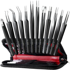 Antonki 12-pack precision tweezers set with case for precise handling of tiny parts.