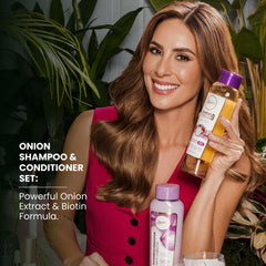 ANYELUZ onion conditioner bottle close-up promoting smooth, nourished hair.