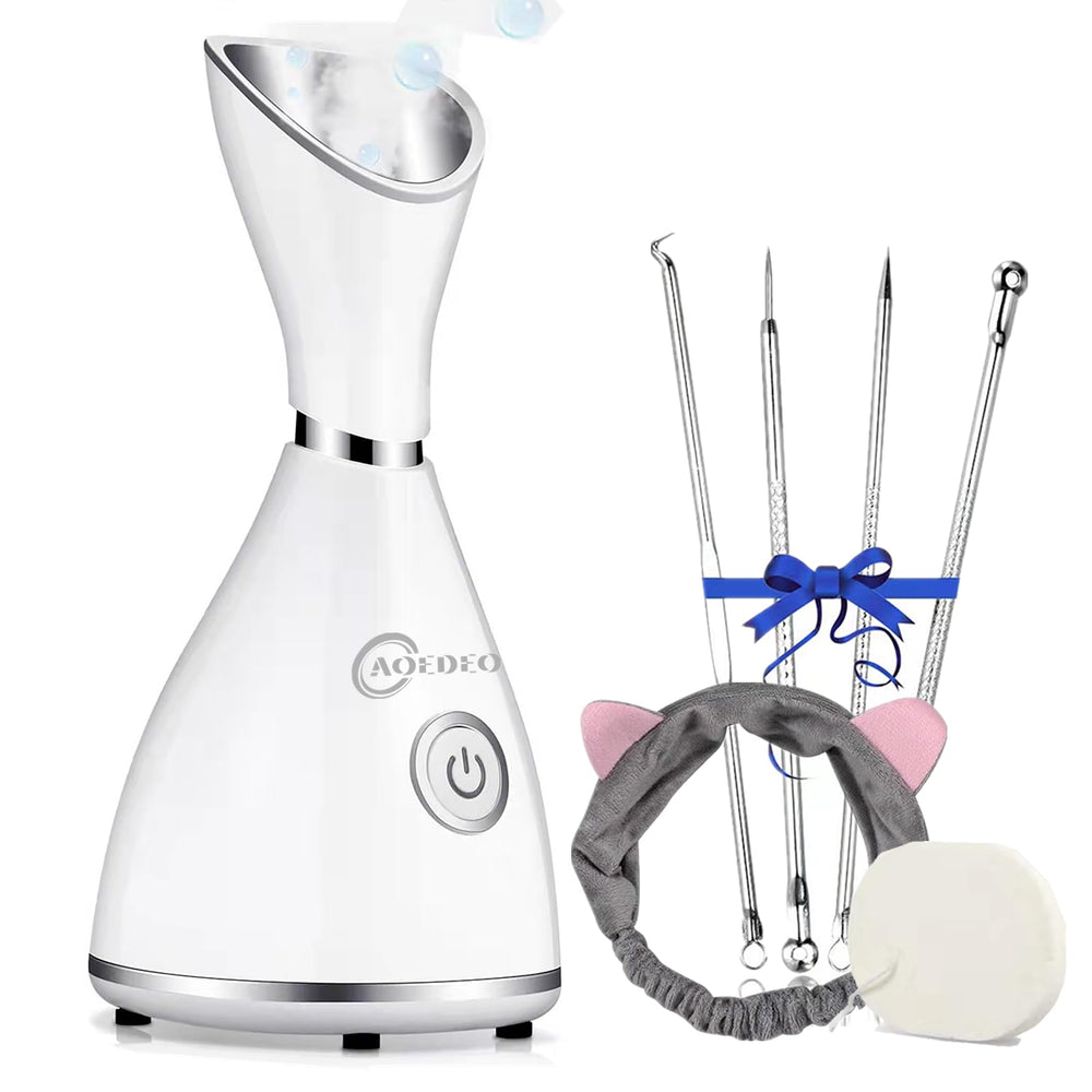 AOEDEO nano-ionic face steamer front view highlights compact home and travel-friendly design.