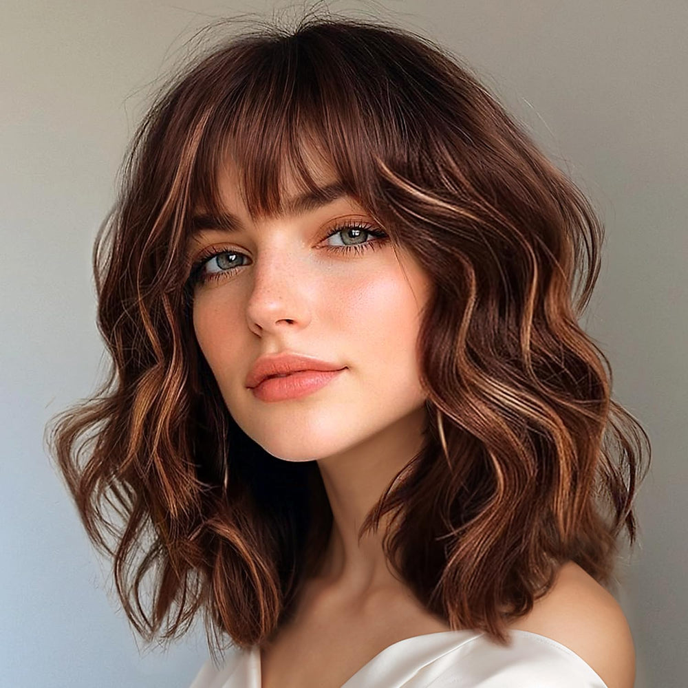 Aokiya Bob Wavy Wig front view with bangs for quick everyday styling.