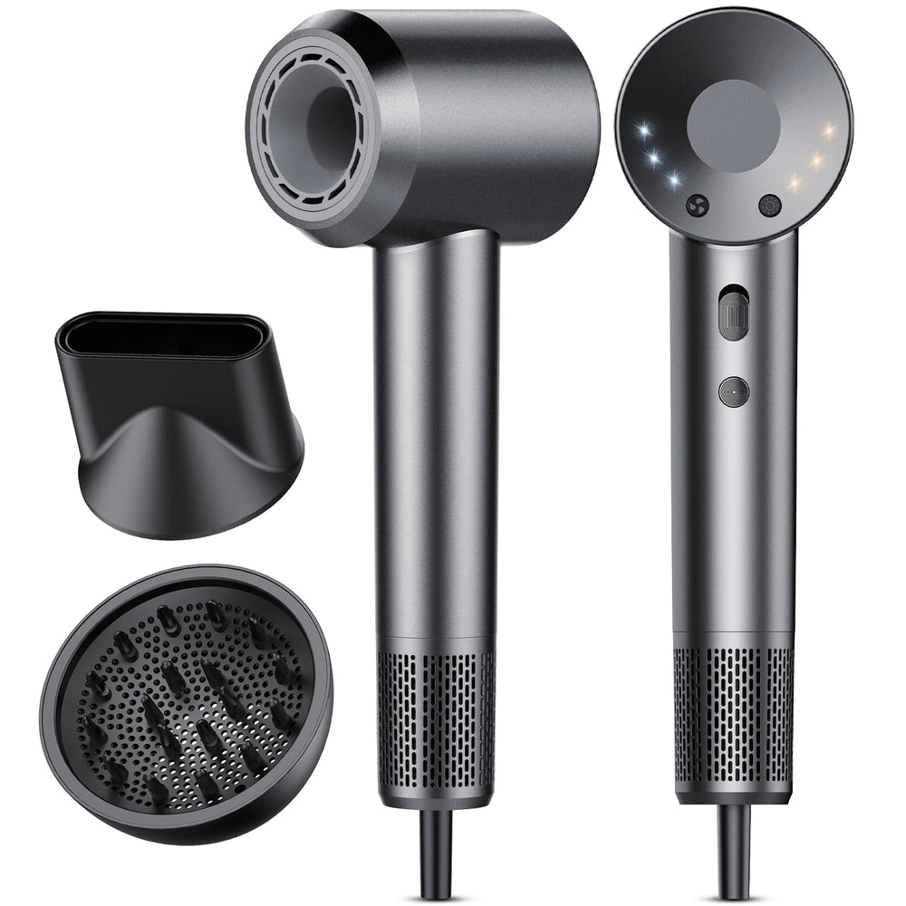 Aowoka hair dryer front view in grey, compact design ideal for quick drying.