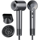 Aowoka hair dryer front view in grey, compact design ideal for quick drying.