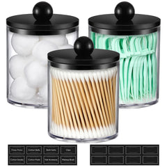 AOZITA 3-pack acrylic qtip holders with clear lids for organized vanity storage.