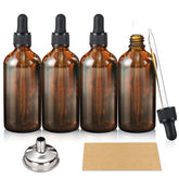 AOZITA 4-pack 100ml amber dropper bottles with funnel for precise essential oil storage.