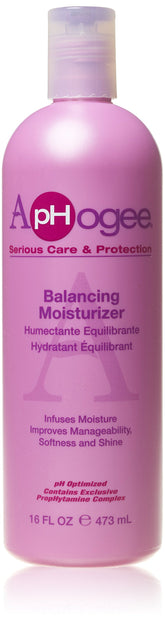 Aphogee humectante equilibrante, frente de la botella para cabello suave y nutrido.