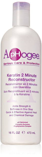 Aphogee Intensive 2 Minute Keratin Reconstructor en botella, cabello suave y nutrido.