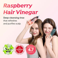 Aplicación de masaje con A'PIEU Vinagre Frambuesa para cuidado diario del cabello.