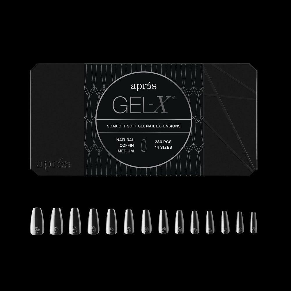 APRÉS Gel-X puntas naturales en caja, lista para aplicación rápida y suave.