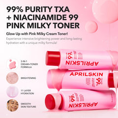 Tonico rosa lechoso de APRILSKIN, textura cremosa para hidratación duradera.
