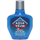 Aqua Velva Classic Ice Blue bottle shows refreshing after-shave experience
