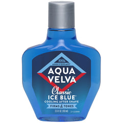 Aqua Velva Classic Ice Blue bottle shows refreshing after-shave experience