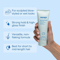 Aquage Molding Megagel high-gloss finish enhances sleek professional blowouts.
