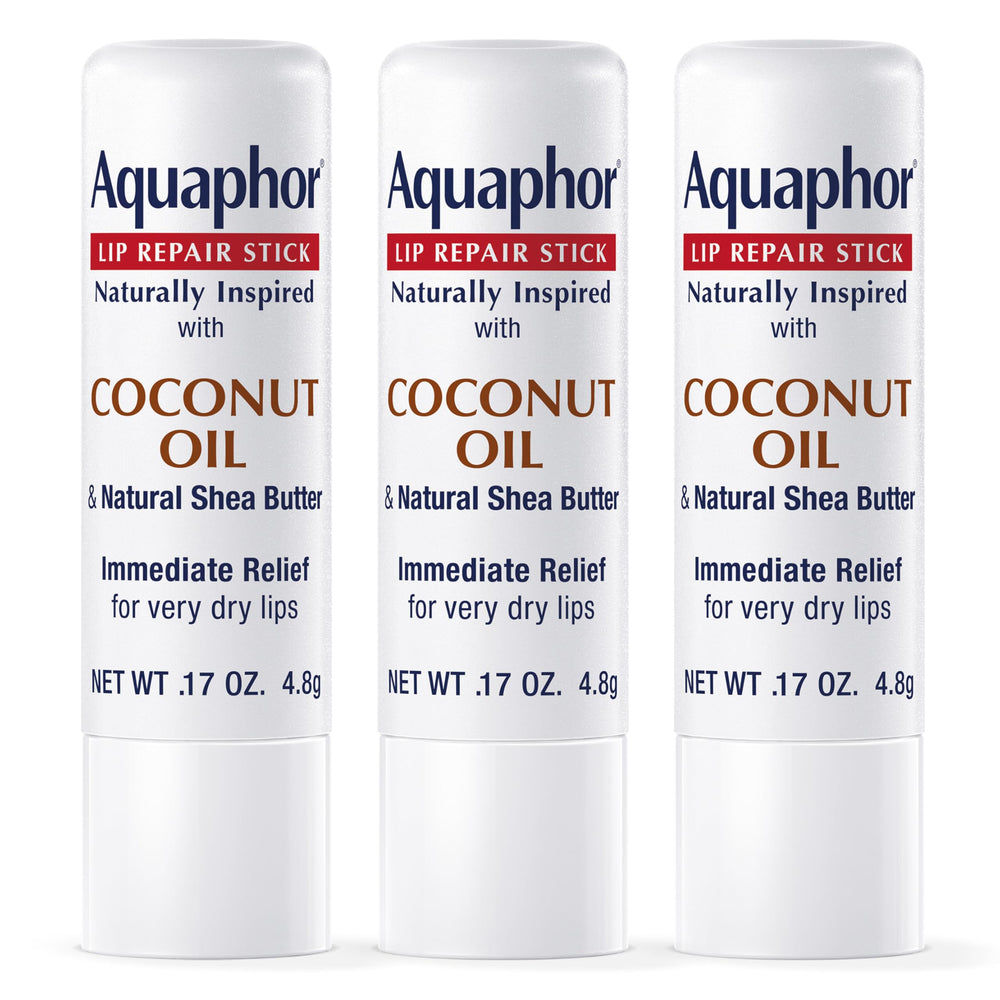 Aquaphor barra reparadora de labios con coco, hidratación rápida.
