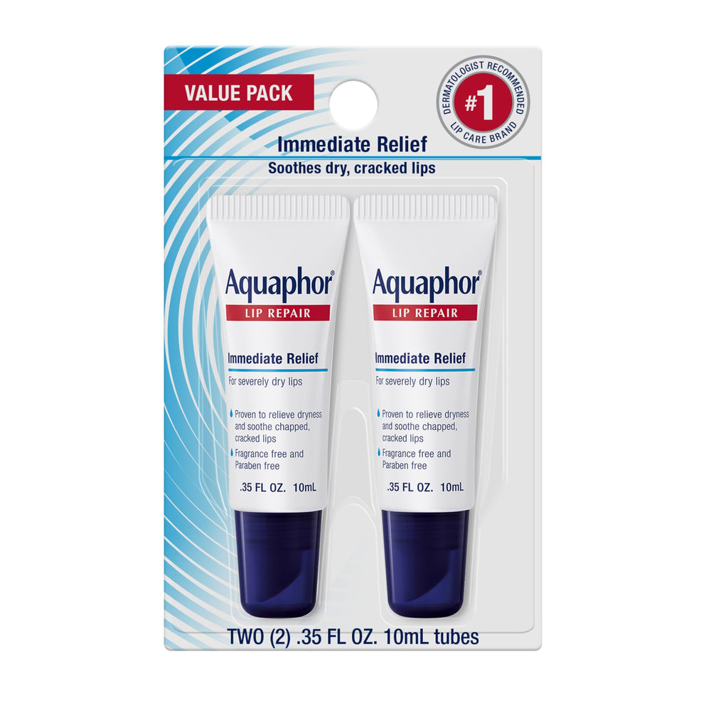 Aquaphor Lip Repair Ointment tube front view for quick dryness relief.