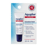 Aquaphor Lip Repair Ointment tube closeup showing long-lasting moisture for dry lips.