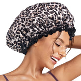Aquior leopard shower cap on head keeps hair dry during shower
