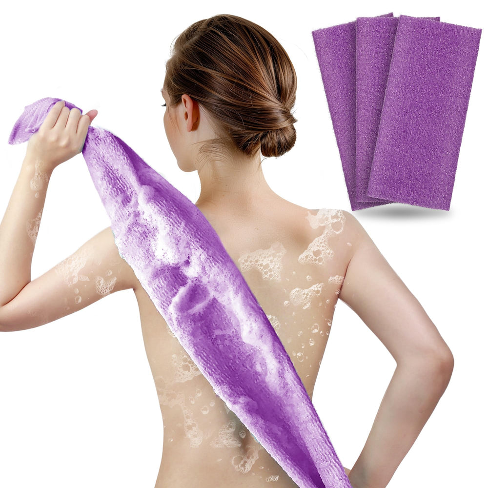 ARCH&M exfoliating towel in a 3-pack for smooth body, back, and legs during shower routine.