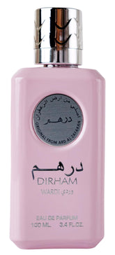 Ard Al Zaafaran Dirham Wardi bottle pour showcases a luminous floral scent for daily elegance.
