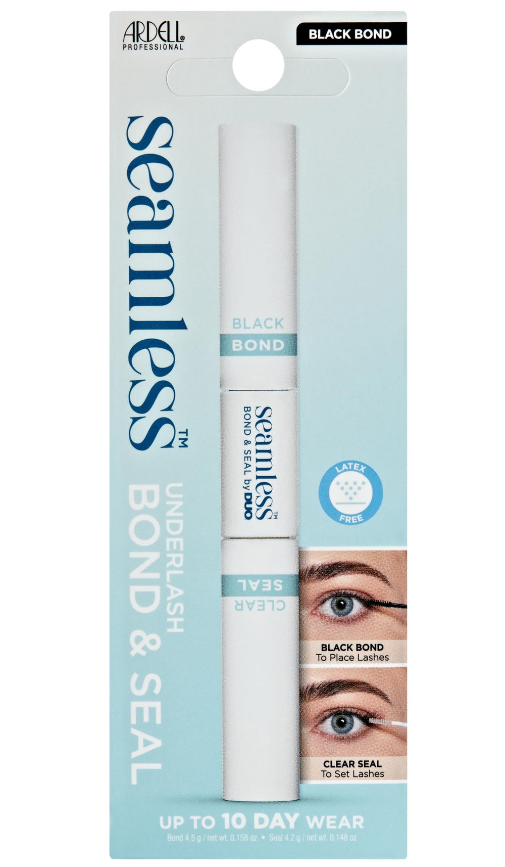 Ardell Seamless Underlash Bond and Seal bottle pour showing quick-dry gel for precise adhesion.